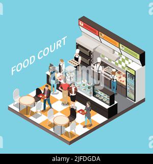 Food Court Coffee bar vista isometrica desserts display checkout counter cassiere personale clienti che trasportano vassoi illustrazione vettoriale Illustrazione Vettoriale