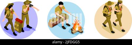 Scout isometric design concept set di tre composizioni isolate con escursionismo per ragazzi con attrezzi turistici e cibo da cucina sul falò vettore illustrratio Illustrazione Vettoriale