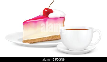 Composizione realistica con tazza bianca di tè e pezzo di ciliegia cheesecake su illustrazione vettoriale del piatto Illustrazione Vettoriale