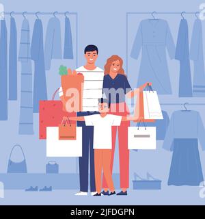 Famiglia felice con sacchetti di carta dopo aver fatto shopping al negozio di abbigliamento e supermercato flat vettoriale illustrazione Illustrazione Vettoriale