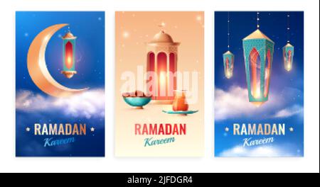 Ramadan carte realistiche insieme di tre composizioni verticali con sfondo cielo ornato testo e lanterne orientali vettore illustrazione Illustrazione Vettoriale