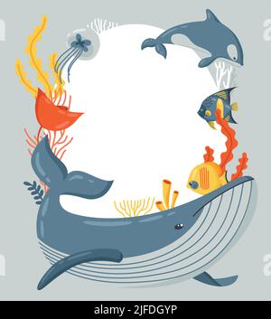 Cornice per il poster del giorno dell'oceano del mondo Animali di mare colorati in un cerchio su sfondo bianco e grigio immagine vettoriale piatta Illustrazione Vettoriale