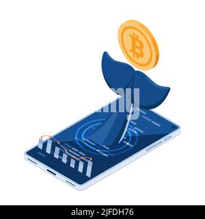 Flat 3D Isometric Whale Tail con Bitcoin smartphone interno. Grande investitore nel mercato Bitcoin e concetto di criptovaluta. Illustrazione Vettoriale