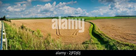Paesaggio rurale panoramico di campi di grano pronti per la raccolta e il canale di irrigazione. Vista dall'alto Foto Stock