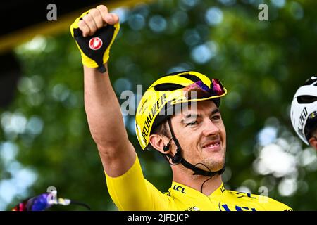Danimarca. 02nd luglio 2022. Il belga Yves Lampaert di Quick-Step Alpha Vinyl raffigurato all'inizio della seconda tappa della gara ciclistica Tour de France, una gara di 202,2 km tra Roskilde e Nyborg, Danimarca, sabato 02 luglio 2022. Il Tour de France di quest'anno si svolge dal 01 al 24 luglio 2022 e inizia con tre tappe in Danimarca. FOTO DI BELGA JASPER JACOBS Credit: Belga News Agency/Alamy Live News Foto Stock