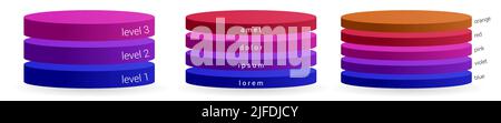 Strati circolari che formano un sottile cilindro disposti l'uno sull'altro, versione con da tre a cinque oggetti. Può essere utilizzato come elemento infografico Illustrazione Vettoriale