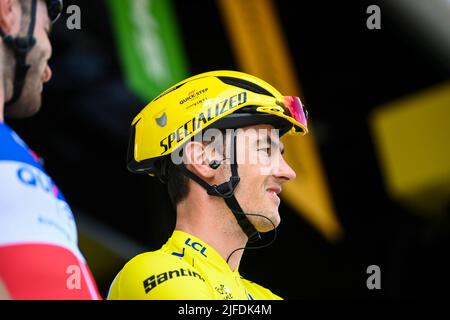Danimarca. 02nd luglio 2022. Il belga Yves Lampaert di Quick-Step Alpha Vinyl raffigurato all'inizio della seconda tappa della gara ciclistica Tour de France, una gara di 202,2 km tra Roskilde e Nyborg, Danimarca, sabato 02 luglio 2022. Il Tour de France di quest'anno si svolge dal 01 al 24 luglio 2022 e inizia con tre tappe in Danimarca. FOTO DI BELGA DAVID STOCKMAN Credit: Belga News Agency/Alamy Live News Foto Stock