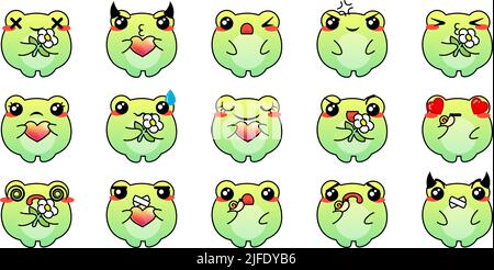 Set di varie rane di cartoni animati. Faccia, occhi e bocca di Doodle. Caricatura comico emozioni espressive, sorridente, piangente e sorpresa carattere espressione volto Illustrazione Vettoriale