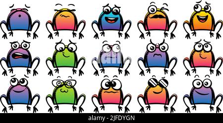 Set di varie rane di cartoni animati. Faccia, occhi e bocca di Doodle. Caricatura comico emozioni espressive, sorridente, piangente e sorpresa carattere espressione volto Illustrazione Vettoriale
