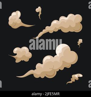 Fumosità cartoon e nubi di polvere set. Particelle polverose isolate. Sabbia asciutta che vola. Illustrazione vettoriale Illustrazione Vettoriale
