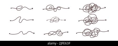 Linea semplice e modo semplice e complesso. Scribble Doodle caos mentalità. Risoluzione dei problemi, linea difficile. Percorso vettoriale del concetto disegnato a mano Illustrazione Vettoriale