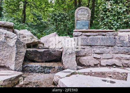 Fonte del fiume ruhr lungo il sentiero escursionistico Rothaarsteig in una piccola sorgente rocciosa nella foresta Foto Stock