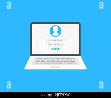 Notebook con logo a schermo per la pagina del modulo di login. Nome utente, campi password, pulsante di accesso. Accedi all'account, all'autorizzazione utente, all'accesso. Illustrazione Vettoriale