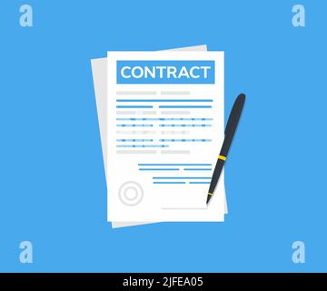 Contratto, disegno del logo del documento di affari. Progettazione e illustrazione vettoriale dei concetti di applicazione finanziaria, commerciale e commerciale. Illustrazione Vettoriale