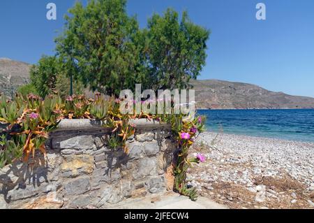 Spiaggia, villaggio di Livadia, isola greca di Tilos, Dodcaneso, Grecia Foto Stock
