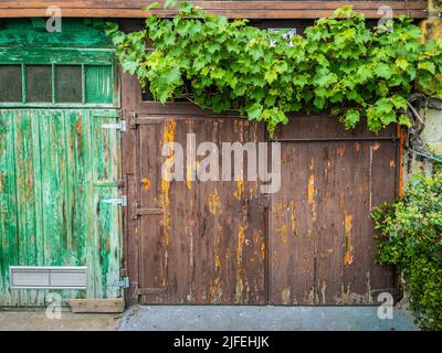 Porte in legno verde e marrone con intemperie. Foto Stock