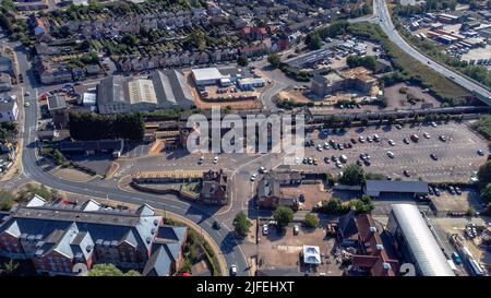 Vista aerea della stazione ferroviaria di Stowmarket, Suffolk, Regno Unito Foto Stock