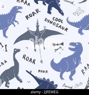 Dino Seamless Pattern, Cute Cartoon Dinosaurs Doodles Vector Illustration. Illustrazione Vettoriale