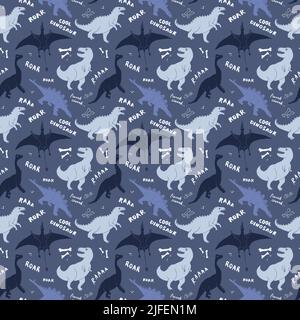 Dino Seamless Pattern, Cute Cartoon Dinosaurs Doodles Vector Illustration. Illustrazione Vettoriale