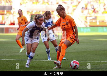 ENSCHEDE, PAESI BASSI - LUGLIO 2: Jill Roord dei Paesi Bassi durante la partita internazionale femminile amichevole tra Paesi Bassi e Finlandia a de Grossch teste il 2 luglio 2022 a Enschede, Paesi Bassi (Foto di Pieter van der Woude/Orange Pictures) Foto Stock