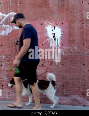 Un uomo e il suo cane camminano accanto alla Street art su un muro nel New Mexico raffigurando Marilyn Monroe in una famosa scena del film "The Seven Year itch". Foto Stock