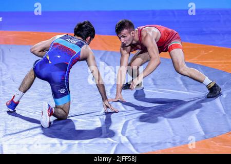 Matteo Pellicone, Roma, 02 luglio 2022, Simone Vincenzo Piroddu (ITA) FS 57kg durante i Campionati europei U20 - Wrestling Foto Stock