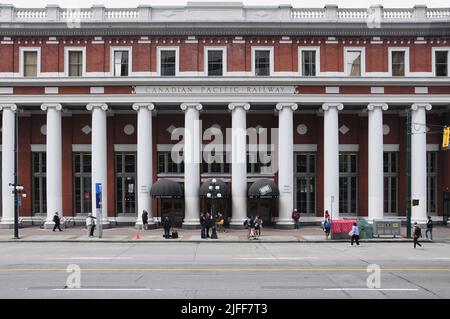 Vancouver, Canada - 18 giugno 2011: Esterno del vecchio edificio della stazione ferroviaria del Pacifico canadese. Foto Stock