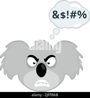 Illustrazione vettoriale del volto di un cartone animato koala con un'espressione arrabbiata e una nuvola di pensiero con un testo di insulto Illustrazione Vettoriale
