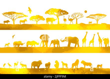 Paesaggio giallo africano con animali. Illustrazione vettoriale Illustrazione Vettoriale