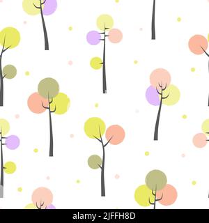 Schema di foresta cartoon senza giunture. Baby stampa con gli alberi colorati carini. Illustrazione Vettoriale