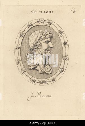 Busto di Lucius Settimio Severo, 145 – 211, imperatore romano dal 193 al 211. Nel plasma. Settimio. In prasma. Incisione copperplate di Giovanni Battista Galestruzzi dopo Leonardo Agostini di Gemmae et Sculpturae Antiquae Depitti ab Leonardo Augustino Senesi, Abraham Blooteling, Amsterdam, 1685. Foto Stock