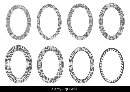 Set di telai ovali con chiave greca. Bordi del cerchio con ornamenti del meandro. Ellisse anciemt disegni. Vettore Illustrazione Vettoriale