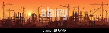 Cantiere con sagome di attrezzature, strutture in calcestruzzo e gru in paesaggio urbano al tramonto illustrazione vettoriale. Sviluppo urbano e processo di costruzione background. Concetto di ricostruzione Illustrazione Vettoriale