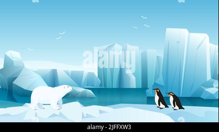 Paesaggio artico e antartico con carino orso polare e pinguini illustrazione vettoriale. Animali cartoni animati di poli Nord e Sud in inverno ghiacciato scenario con acqua e iceberg, volo sfondo gabbiano Illustrazione Vettoriale