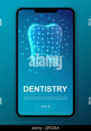 Simbolo poligonale Tooth 3D per modello UI, UX. Illustrazione a basso contenuto di poly-dentistry per la progettazione di app mobili. Concetto di illustrazione stomatologica. Illustrazione Vettoriale