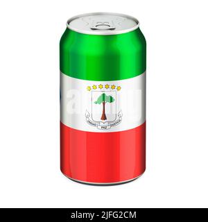 Bandiera della Guinea equatoguineana dipinta sulla lattina metallica della bevanda. 3D rendering isolato su sfondo bianco Foto Stock