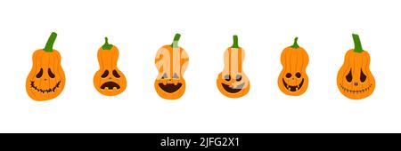 Set di zucche di Halloween con volti spaventosi sorridenti. Illustrazione vettoriale di stile piatto per poster di design, striscioni, stampa. Illustrazione Vettoriale