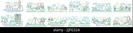 Linea di colore diverse mini scene paesaggi set con montagne, campi di foresta e illustrazione vettoriale del fiume. Illustrazione Vettoriale