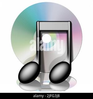 3D illustrazione. CD musicale con nota musicale isolata su sfondo bianco con riflessione Foto Stock