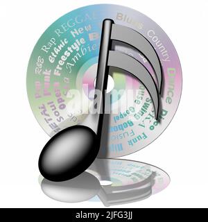 3D illustrazione. CD musicale con nota musicale isolata su sfondo bianco con riflessione Foto Stock