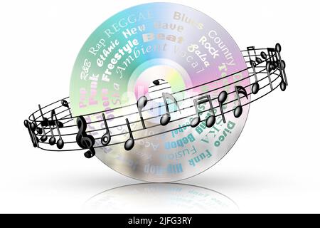 3D illustrazione. CD musicale con pentagramma nero Foto Stock