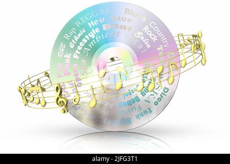 3D illustrazione. CD musicale con pentagramma dorato Foto Stock