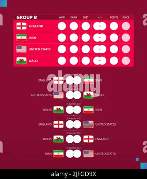 Coppa di calcio 2022, programma delle partite del Gruppo B. Bandiere di Inghilterra, Iran, USA, Galles. Illustrazione vettoriale. Illustrazione Vettoriale