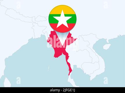 Asia con mappa Myanmar selezionata e icona bandiera Myanmar. Mappa vettoriale e flag. Illustrazione Vettoriale