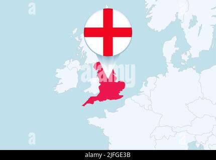 Europa con una mappa selezionata dell'Inghilterra e l'icona della bandiera dell'Inghilterra. Mappa vettoriale e flag. Illustrazione Vettoriale