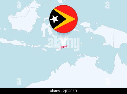 Asia con mappa di Timor Est selezionata e icona della bandiera di Timor Est. Mappa vettoriale e flag. Illustrazione Vettoriale