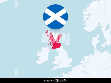 Europa con mappa selezionata della Scozia e icona della bandiera della Scozia. Mappa vettoriale e flag. Illustrazione Vettoriale