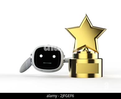 Concetto di tecnologia di leadership con 3D rendering di robot assistente piccolo e carino che tiene trofeo stella d'oro Foto Stock