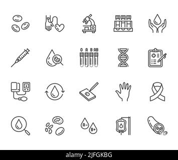 Serie di icone a linea piatta per ematologia. Cellule ematiche, vasi, sfigmomanometri, test del dna, illustrazioni vettoriali per microscopio biochimico. Segni di contorno per il donatore Illustrazione Vettoriale