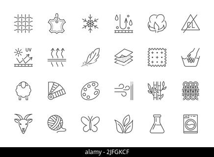 Set di icone a linea piatta per la funzione tessuto. Abiti simboli seta, cotone, traspirante, materiale impermeabile, cashmere per lavaggio a mano, illustrazioni vettoriali dei filati Illustrazione Vettoriale